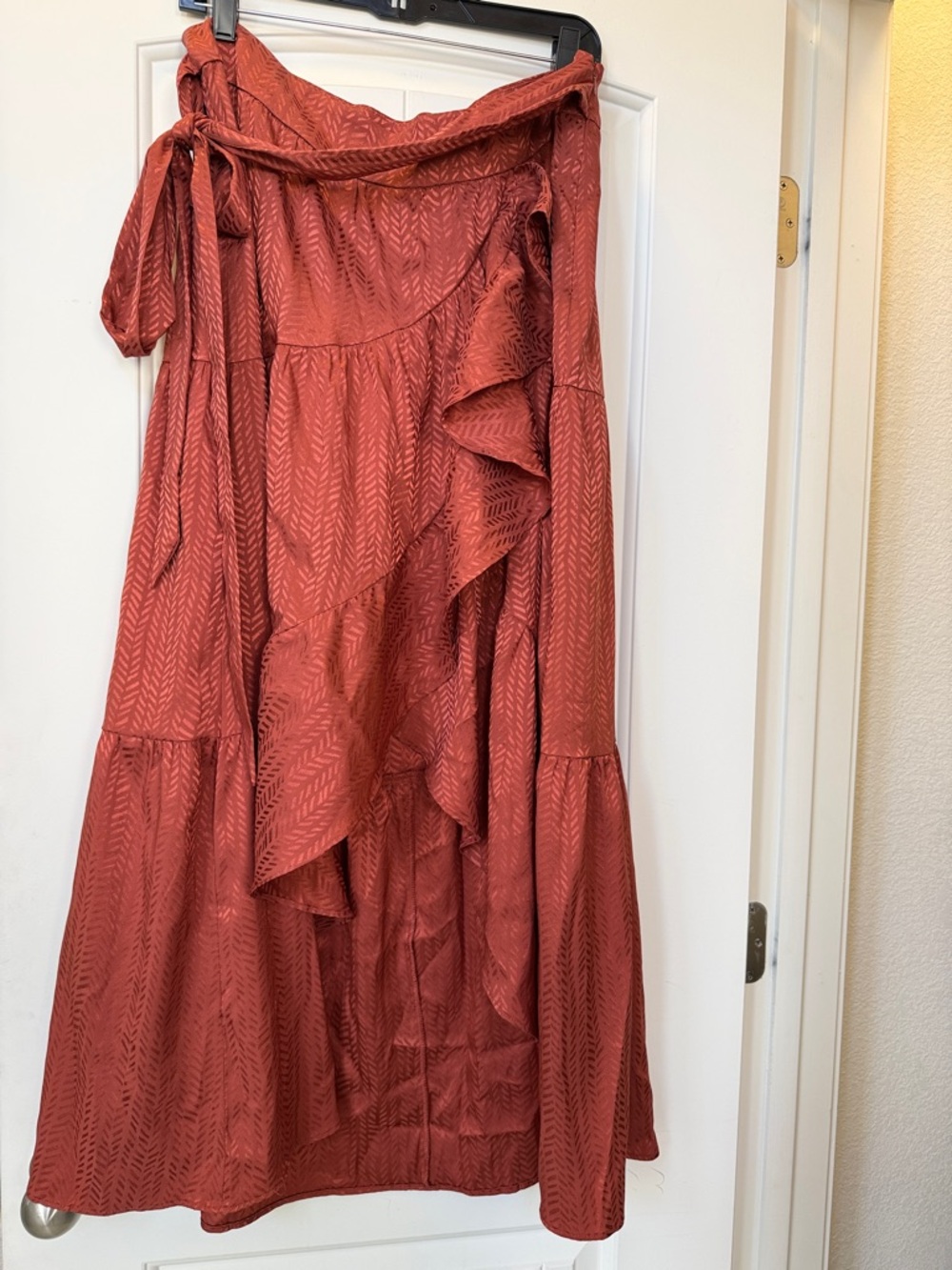 Express Rust Red Ruffled Maxi Skirt with Self-Tie Waist